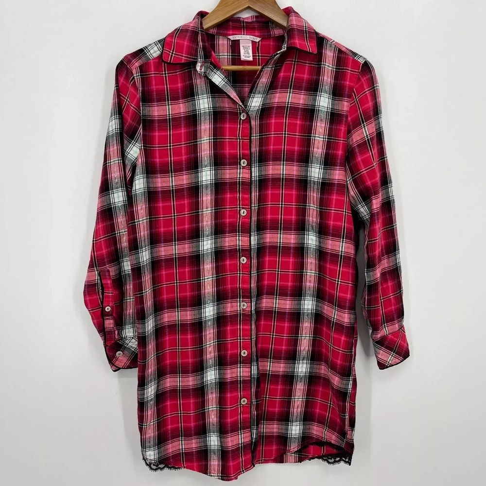 Victorias Secret Red Pink Plaid Lace Trim Metallic Sleep Shirt XS